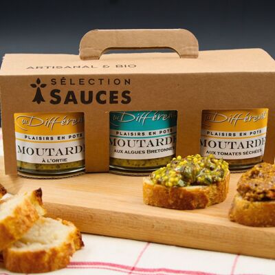 Trio of artisanal mustards, nettle, seaweed and dried tomatoes - Valentine's Day gift box of 3 jars of 100 gr