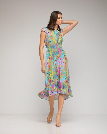 Robe chemise midi à motifs abstraits et volants 1