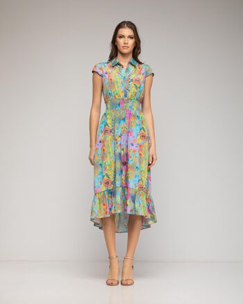 Robe chemise midi à motifs abstraits et volants 2