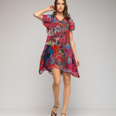 Short asymmetrical dress with colorful motifs and ruffled sleeves