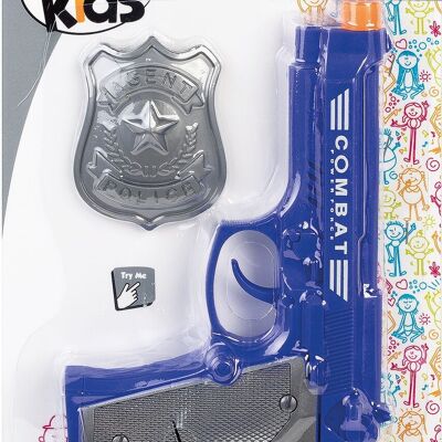 Pistola de luz y sonido con placa de policía.