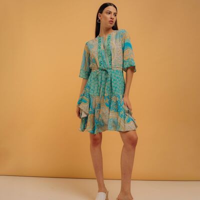 Short dress with flounce and combined prints