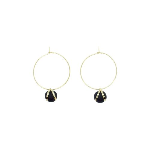 Gold Hoop Earrings - Black Ball Charm Pendant