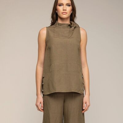 Sleeveless and Knotted Linen Blouse