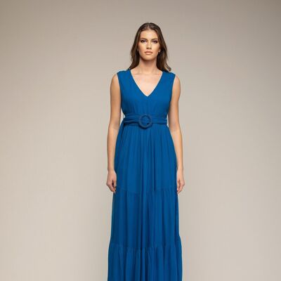 Long dress with ruffle and v-neck in teal