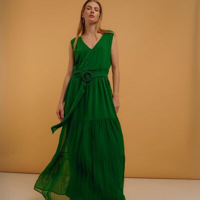 Long dress with ruffle and V-neck