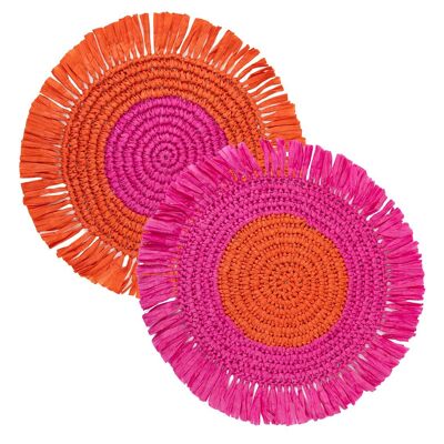 Manteles individuales de rafia de papel rosa y naranja para mesa - Paquete de 2