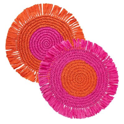 Napperons en raphia en papier rose et orange pour table - Paquet de 2