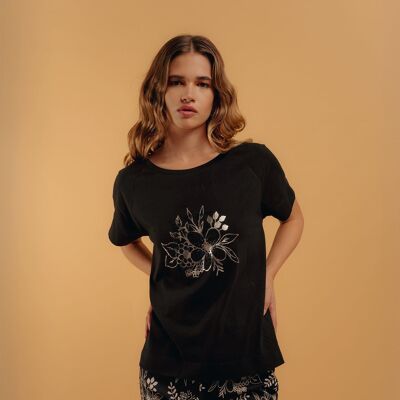T-shirt with metallic graphic sleeves and crystals