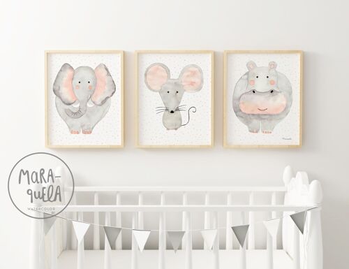 Set de láminas infantiles de animales, tonalidades grises / Ilustraciones infantiles para la decoración de habitación de bebés, colores suaves.