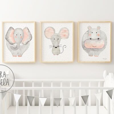 Set de láminas infantiles de animales, tonalidades grises / Ilustraciones infantiles para la decoración de habitación de bebés, colores suaves.