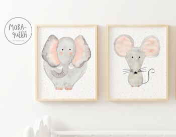 Ensemble d'imprimés animaliers pour enfants, tons gris / Illustrations enfants pour décoration chambre bébé, couleurs douces. 2