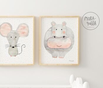 Ensemble d'imprimés animaliers pour enfants, tons gris / Illustrations enfants pour décoration chambre bébé, couleurs douces. 3