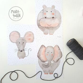 Ensemble d'imprimés animaliers pour enfants, tons gris / Illustrations enfants pour décoration chambre bébé, couleurs douces. 7