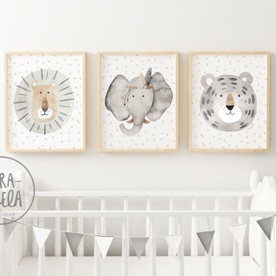 Set of lion, elephant and leopard children's prints - Gray tones - Children's illustrations of animal heads in watercolor for children's decoration - Neutral tones, unisex, delicate, minimal.