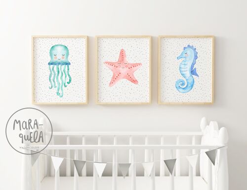 Set de láminas Animales Marinos / Ilustraciones infantiles de Medusa, estrella marina y caballito de mar / Tonos PASTEL / Láminas para la decoración infantil