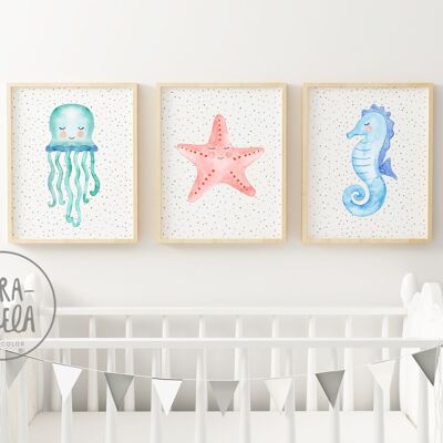 Ensemble d'estampes Animaux Marins / Illustrations pour enfants de Méduses, étoile de mer et hippocampe / Tons PASTEL / Estampes pour décoration enfant