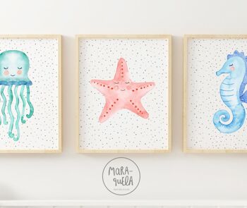 Ensemble d'estampes Animaux Marins / Illustrations pour enfants de Méduses, étoile de mer et hippocampe / Tons PASTEL / Estampes pour décoration enfant 3