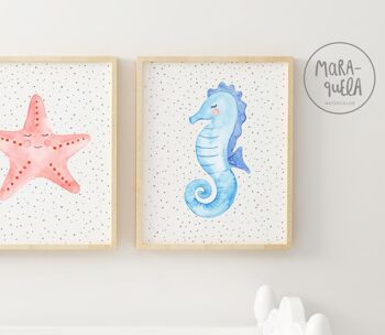 Ensemble d'estampes Animaux Marins / Illustrations pour enfants de Méduses, étoile de mer et hippocampe / Tons PASTEL / Estampes pour décoration enfant 4