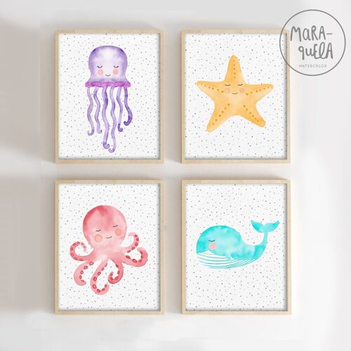 Set de láminas infantiles de temática marina /Medusa, pulpo, estrella de mar y ballena/ Ilustraciones infantiles para la decoración de bebés y recién nacidos,