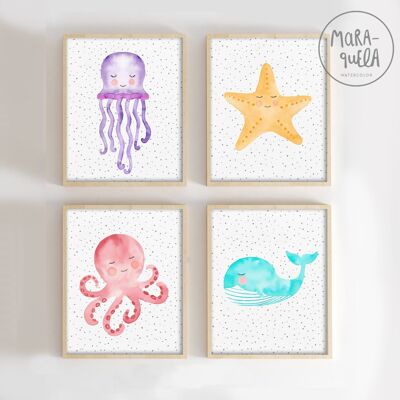 Set of marine-themed children's prints / Jellyfish, octopus, starfish and whale / Children's illustrations for the decoration of babies and newborns,