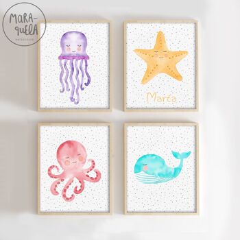 Ensemble d'estampes pour enfants sur le thème marin / Méduses, poulpes, étoiles de mer et baleine / Illustrations pour enfants pour la décoration des bébés et des nouveau-nés, 3