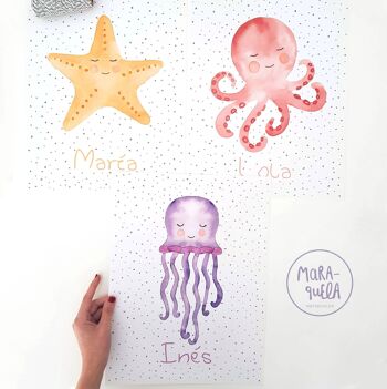 Ensemble d'estampes pour enfants sur le thème marin / Méduses, poulpes, étoiles de mer et baleine / Illustrations pour enfants pour la décoration des bébés et des nouveau-nés, 5