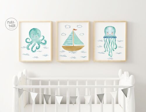 Set de láminas infantiles con temática marina / Ilustraciones infantiles de tonalidades verde menta /  Velero, pulpo y medusa / Acuarelas infantiles para la decoración de bebés y niños