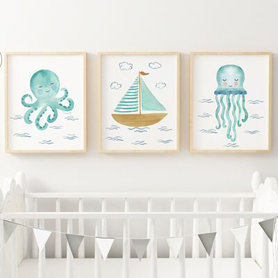 Set of children's prints with a marine theme / Children's illustrations in mint green tones / Sailboat, octopus and jellyfish / Children's watercolors for the decoration of babies and children
