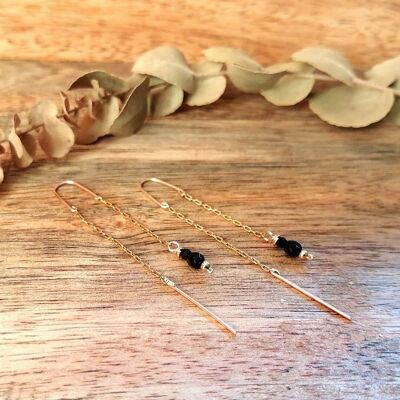 Gold stainless steel dangling earrings with Sapphire, Black Spinel, Amazonite or Golden Beads