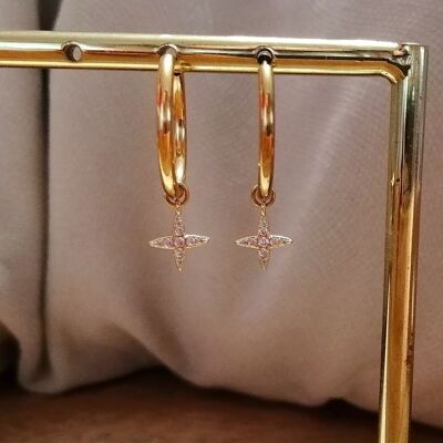 Pendientes mini aro de acero dorado y estrellas con circonitas