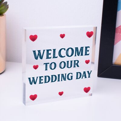 Bienvenido a nuestro día de boda, placa decorativa colgante, señal de saludo para entrada de invitados, bolsa no incluida