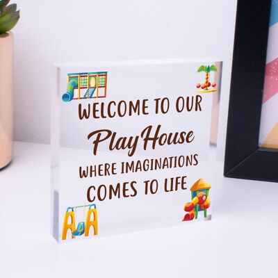 Bienvenue dans notre Playhouse Sign Garden PLAYROOM Plaque Fille Fils Cadeau - Sac inclus