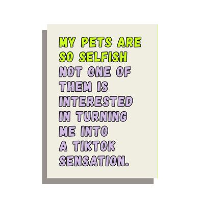 Selfish pets funny birthday card on a gorgeous FSC uncoated board with grey envelope