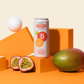 Pack de 12 canettes de boisson à la vitamine D à la mangue et au fruit de la passion, 330 ml 1