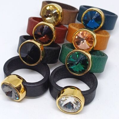 Leren ring 12mm glaskristal (set van 8 stuks)