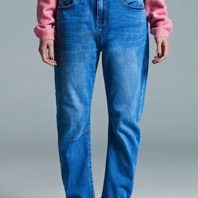 Basic Mom Fit Jeans In Mid Wash With Knee Darts