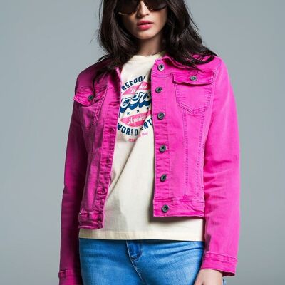 Basic Denim Jacket With Pockets in Pink