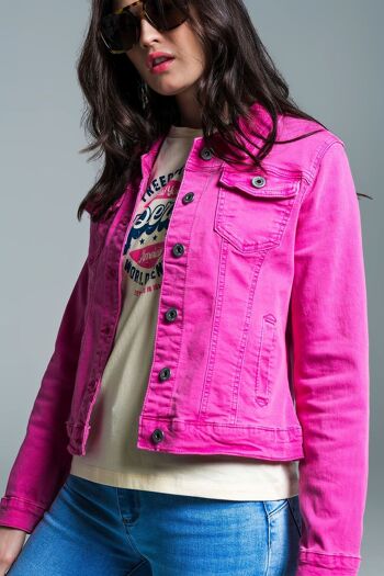 Veste en jean basique avec poches en rose 4