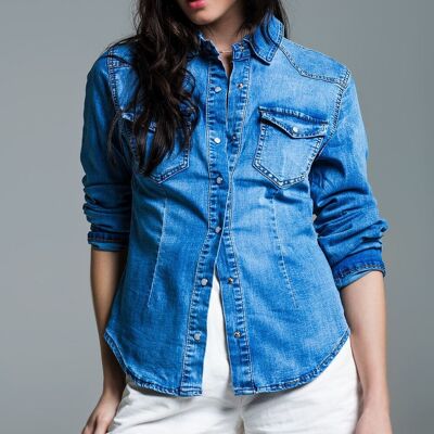 Body Con Mid Wash Denim Shirt  With Chest Pockets And Press Buttons