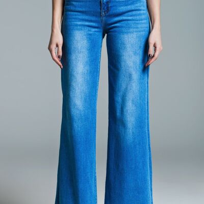 Palazzo Style Jeans in Mid Wash With Double Stitching Detail at The Hem