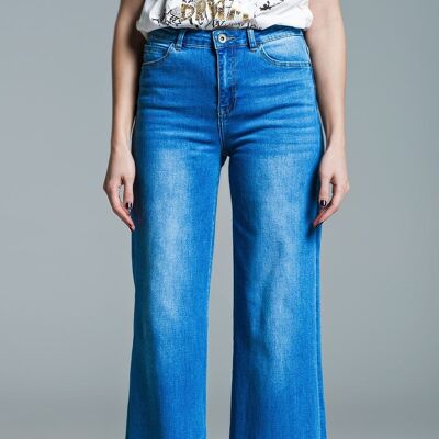 Palazzo Style Jeans in Mid Wash With Double Stitching Detail at The Hem