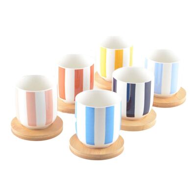 STRIPED CUPS AND WOODEN SAUCERS - SET OF 6