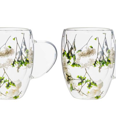 DOUBLE WALL TEA CUPS GREEN FLOWERS 310ML - SET OF 2