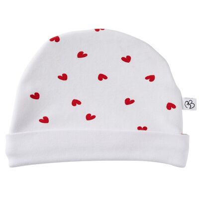 Imp. lined beanie. hearts / white