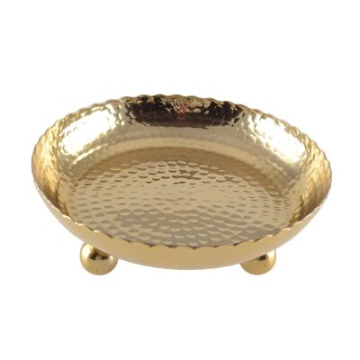 HAMMERED GOLD TRAY ON ROUND LEGS 23CM
