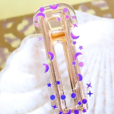 Barrette rectangle holographique astres violette