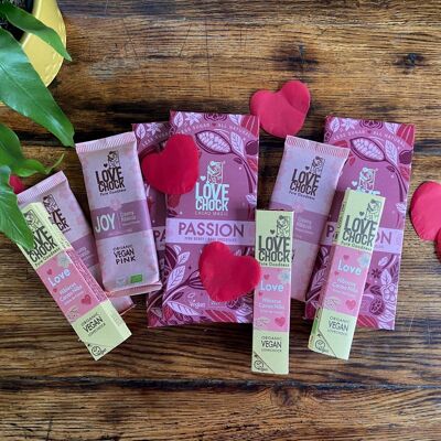 Valentinstag-LIEBE-Paket Bio- und veganes Schokoladen-Lovechock (2 FREUDE, 2 LIEBE, 3 LEIDENSCHAFT)