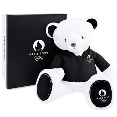 Weißer Teddybär mit schwarzer Jacke JO2024 – 40 cm – Premium-Kollektion