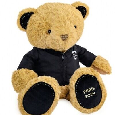 Ours en peluche marron Paris 2024 avec veste noire zippée - 40 cm